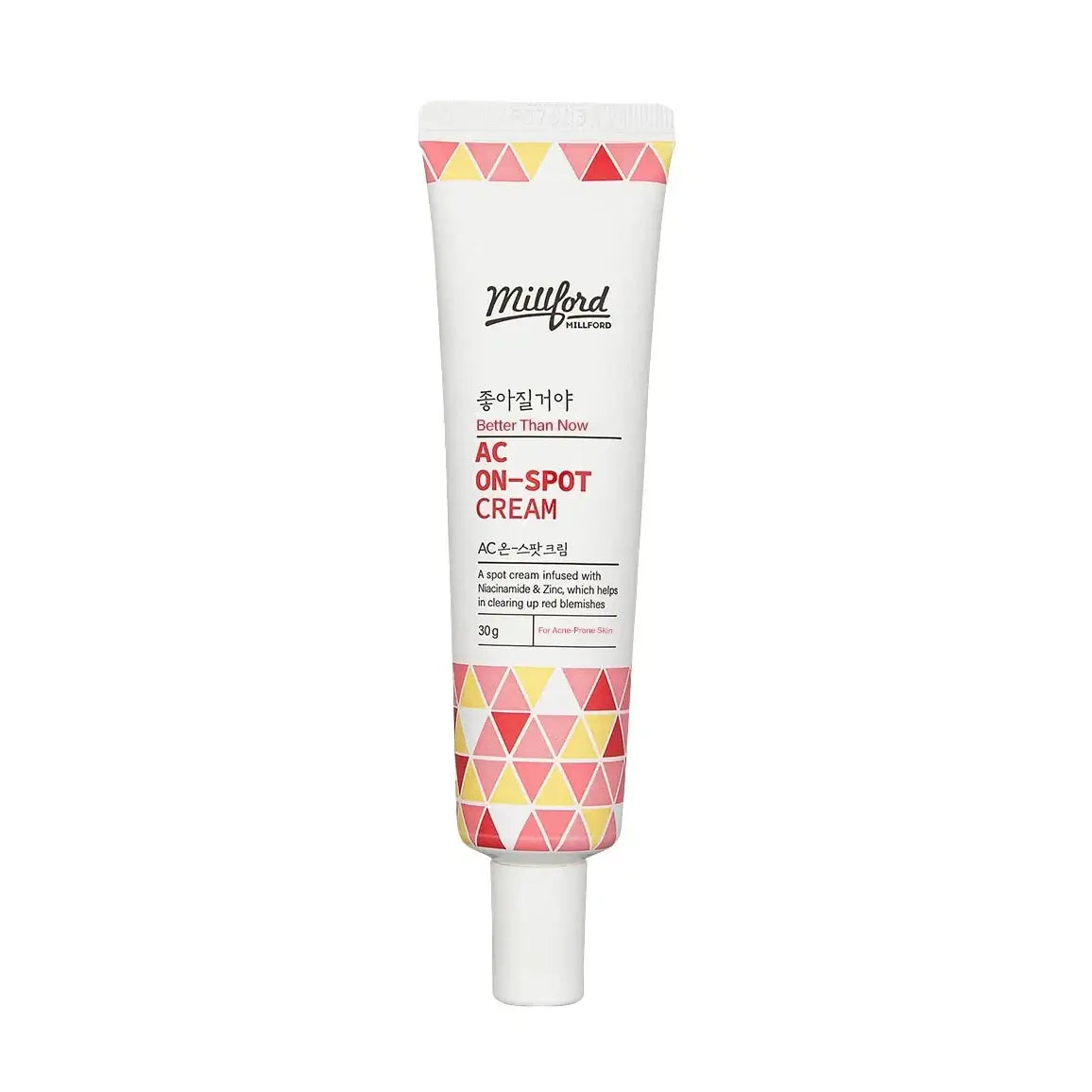 MILLFORD AC On-Spot Cream 30g tube for blemish treatment, containing niacinamide, Zinc, Tea tree, and Centella.