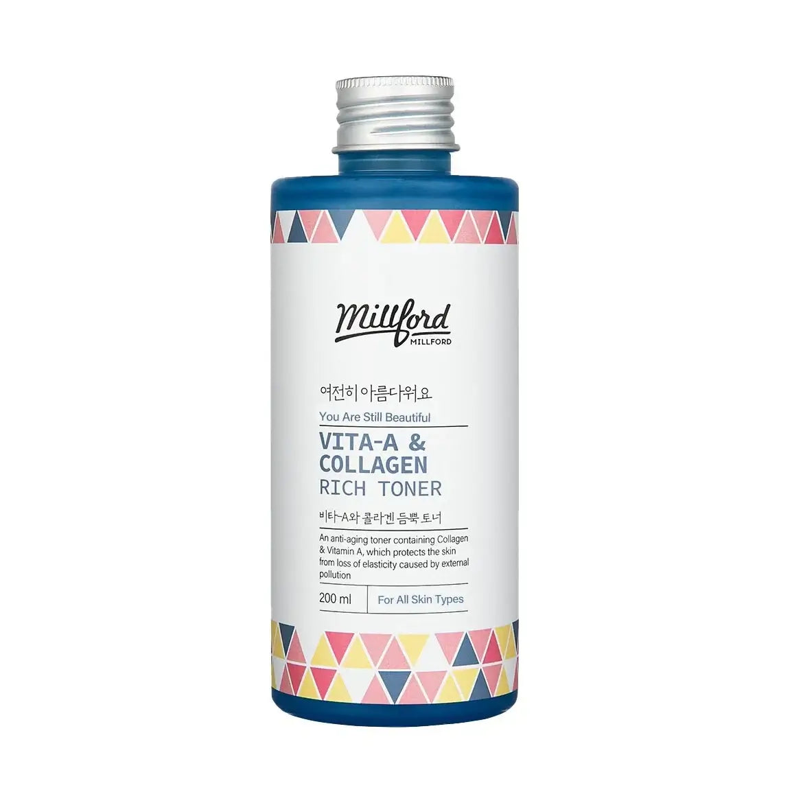 MILLFORD Vita-A & Collagen Rich Toner 200ml bottle with colorful design for skin hydration and elasticity.