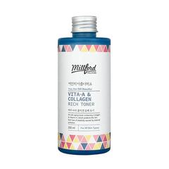 MILLFORD Vita-A & Collagen Rich Toner 200ml bottle with colorful design for skin hydration and elasticity.